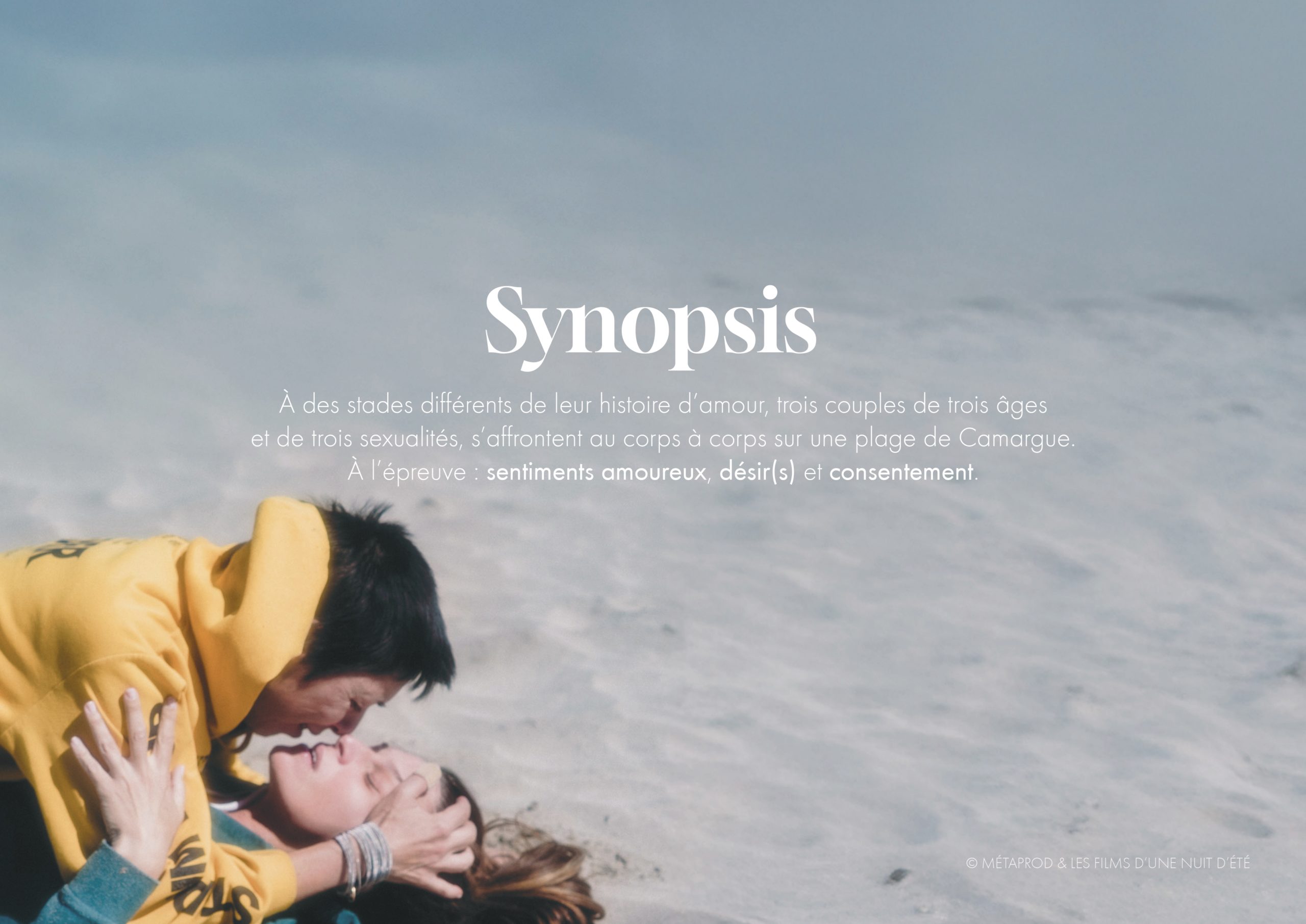 Synopsis « À des stades différents de leur histoire d’amour, trois couples de trois âges et de trois sexualités, s’affrontent au corps à corps sur une plage de Camargue. À l’épreuve : sentiments amoureux, désir(s) et consentement. »